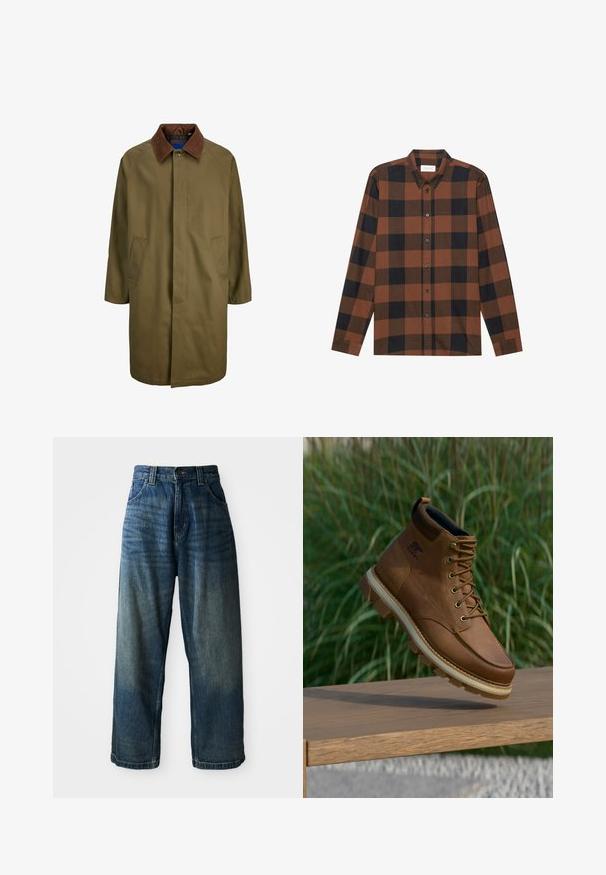 Manteau vert olive avec col en cuir suédé marron, fermeture à boutons sur le devant et deux poches latérales ; présente une coupe droite et un design mi-long.; Chemise à manches longues à carreaux marron et noir en tissu, avec un col à rabat et une patte de boutonnage ; présente des manches à poignets.; Jean en denim bleu taille large avec une finition délavée. Comprend cinq poches, une fermeture à bouton et des coutures contrastées. Tissu de poids lourd.; Botte de randonnée Sorel en cuir marron avec une semelle à crampons épaisse flottant au-dessus d'une surface en bois, avec de l'herbe verte en arrière-plan.