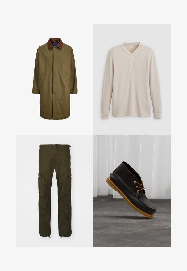 Manteau vert olive avec col en cuir suédé marron, fermeture à boutons sur le devant et deux poches latérales ; présente une coupe droite et un design mi-long.; T-shirt henley à manches longues en tissu côtelé beige clair, avec un col en V, une patte de boutonnage à trois boutons et des manches à poignets. Étiquette logo rouge à l'ourlet.; Pantalons cargo vert olive en tissu durable, avec une fermeture à bouton, plusieurs poches latérales et des poignets élastiques aux chevilles.; Chaussures en cuir noir avec une finition lisse, bout rond, lacets marron et semelles en caoutchouc marron clair. Logo embossé sur le côté.