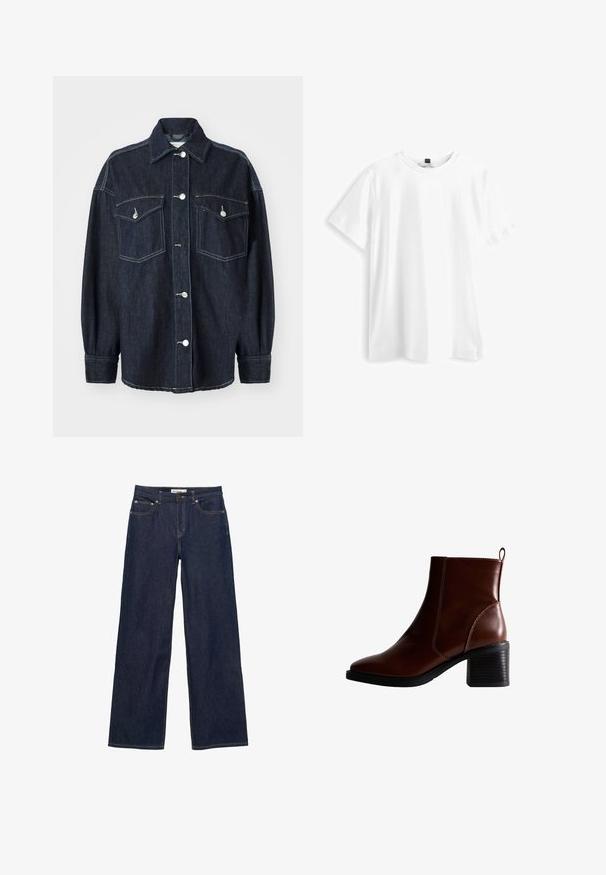 Veste en denim bleu foncé avec deux poches poitrine, boutons en argent, col pointu et manches longues avec poignets fuselés. Texture douce.; T-shirt en coton blanc à manches courtes, col rond et coupe légèrement ample. Design uni, sans motifs ni accents supplémentaires.; Jean en denim bleu foncé avec des jambes larges et droites, poches avant et fermeture par bouton et fermeture éclair.; Bottine en cuir marron avec un bout carré et des coutures sur le côté, un talon empilé de 7,5 cm, et une languette au dos pour un enfilage facile.