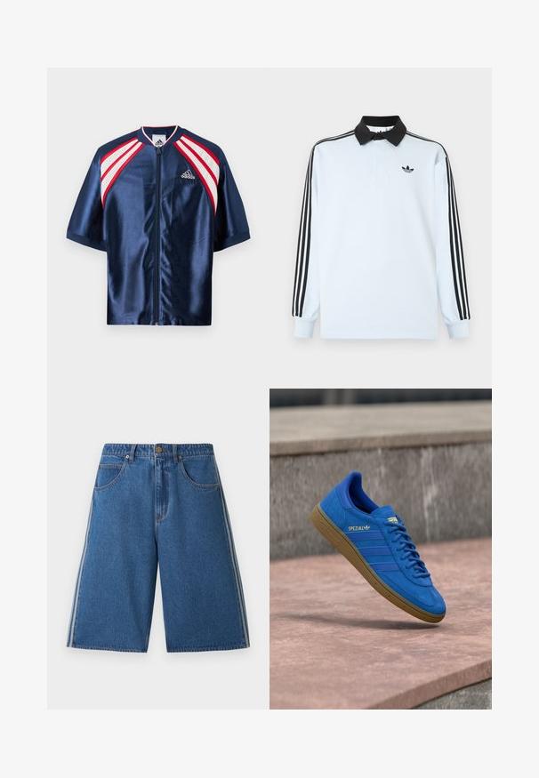 Merin satiininen urheilutakki lyhyillä hihoilla, jossa on valkoinen verkkokangas ja punaiset yksityiskohdat hartioilla, vetoketj closure ja Adidas-logo rinnassa.; Vaaleansininen pitkähihainen poolopaita, jossa on musta kaulus, kolme mustaa raitaa hihoissa ja pieni musta logo rinnassa.; Siniset farkkuknalleluhousut, joissa on etutaskut, napillinen suljenta, vyölenkit ja valkoiset sivuraidat kummassakin lahkeessa.; Sininen Adidas Spezial -tennari kumipohjalla, nauhat sidottuina, roikkuu sileän kivipinnan yläpuolella lähellä harmaata betoniseinää.