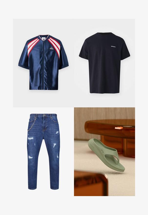 Merin satiininen urheilutakki lyhyillä hihoilla, jossa on valkoinen verkkokangas ja punaiset yksityiskohdat hartioilla, vetoketj closure ja Adidas-logo rinnassa.; Mustat puuvillapaidat, joissa on lyhyet hihat, pyöreä kaula-aukko ja huomaamaton valkoinen logo vasemmassa rinnassa. Sileä rakenne, normaali istuvuus.; Siniset farkut, joissa on kulutettuja yksityiskohtia ja revittyjä kohtia, vasemmalla puolella on hopeaketjuverhoilu lisäyksikkönä.; Vaaleanvihreä kuminen varvastossu, jossa on kuvioitu pohja, leikkauskuvio ja kohokuvioitu logo sivulla, leijumassa pehmeän pinnan yllä.