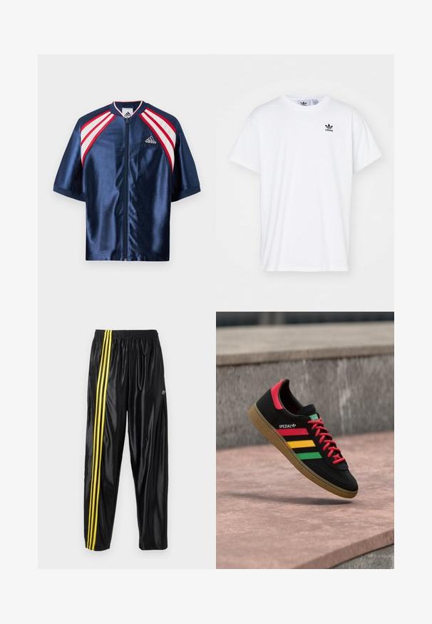 Merin satiininen urheilutakki lyhyillä hihoilla, jossa on valkoinen verkkokangas ja punaiset yksityiskohdat hartioilla, vetoketj closure ja Adidas-logo rinnassa.; Valkoinen puuvillapaita, jossa on lyhyet hihat, pyöreä pääntie ja musta Adidas-logo, jossa on kolme raitaa vasemmassa rinnassa.; Musta urheiluhousut, joissa on kiiltävä materiaali ja joustava vyötärö. Housuissa on kaksi keltaista raitaa sivuilla ja pieni logo.; Musta Adidas Spezial -lenkkikenkä, jossa punaiset, keltaiset ja vihreät raidat, punaiset nauhat, kuminainen pohja ja punainen kantakiinnitys, ilmassa leijumassa asfaltin yläpuolella.