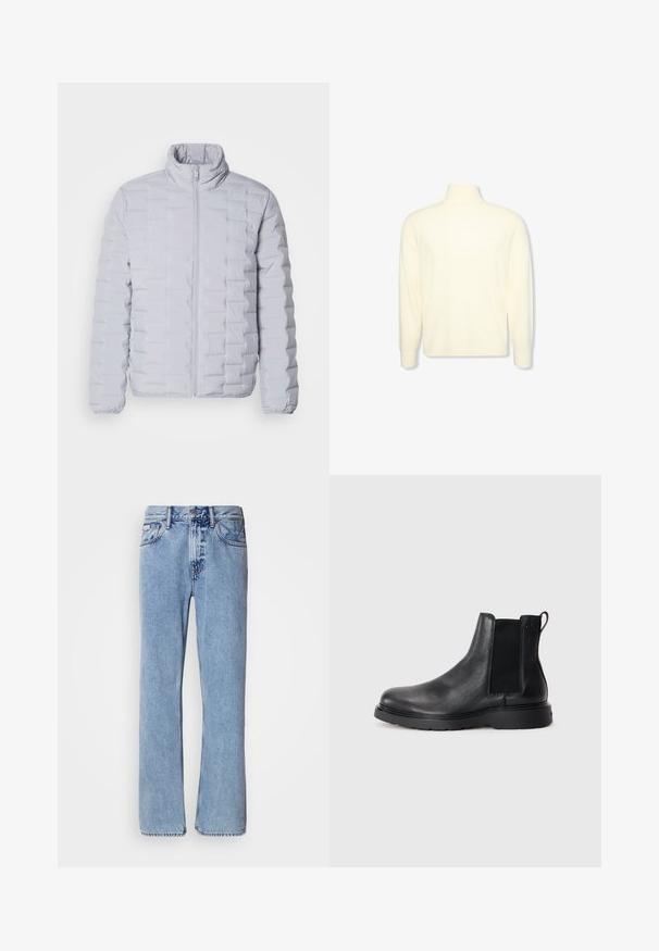 Veste doudoune gris clair avec un col haut, un motif matelassé horizontal, une fermeture éclair sur le devant et des poignets élastiques. Fabriquée à partir d'un matériau lisse et brillant.; Pull col roulé crème à manches longues avec des poignets côtelés et un logo discret sur la poitrine, présenté sur un fond blanc uni.; Jean en denim bleu clair avec une coupe droite, cinq poches et une fermeture à bouton. Détails de couture près des poches et de la taille.; Bottes Chelsea en cuir noir avec une finition texturée, des panneaux latéraux élastiques et une semelle en caoutchouc robuste. Branding subtil sur le talon.