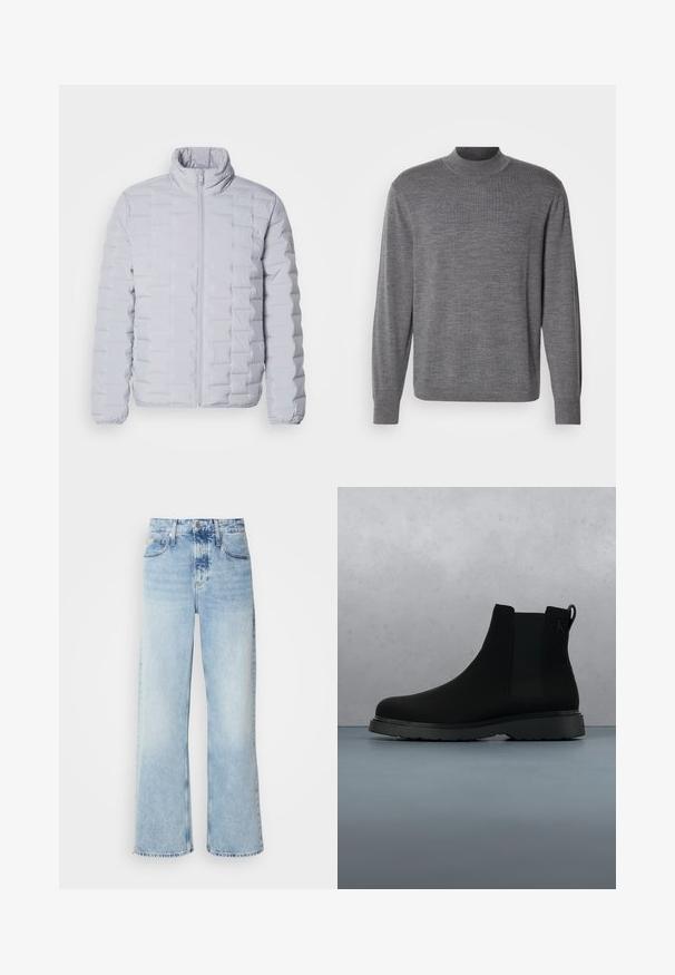 Veste doudoune gris clair avec un col haut, un motif matelassé horizontal, une fermeture éclair sur le devant et des poignets élastiques. Fabriquée à partir d'un matériau lisse et brillant.; Pull gris à manches longues en matériau tricoté, avec un col montant et un logo discret sur la poitrine. Texture lisse et design ajusté.; Jean large bleu clair à taille haute, avec une finition délavée, des passants de ceinture et un design classique à cinq poches. L'ourlet est brut.; Bottine noire en matériau lisse avec des coutures subtiles, une semelle en caoutchouc et un design épuré, positionnée au-dessus d'une surface à texture bois.
