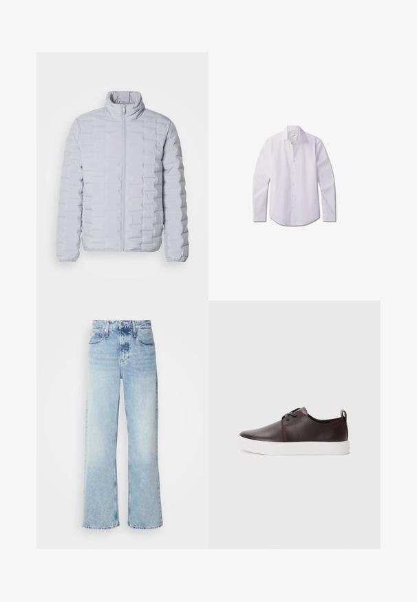 Chaqueta de plumas gris claro con un cuello alto, patrón de acolchado horizontal, cremallera frontal y puños elásticos. Fabricada con un material suave y brillante.; Camisa blanca de manga larga con botones, confeccionada en tela lisa, con cuello clásico, tapeta frontal con botones y dobladillo redondeado.; Vaqueros de pierna ancha en azul claro con una alta cintura, que presentan un acabado desgastado, cinturillas y un clásico diseño de cinco bolsillos. El dobladillo es sin acabar.; Zapatillas de cuero marrón con un acabado suave, suela de goma blanca, punta redondeada y diseño con cordones. Incluye una pestaña en el talón.