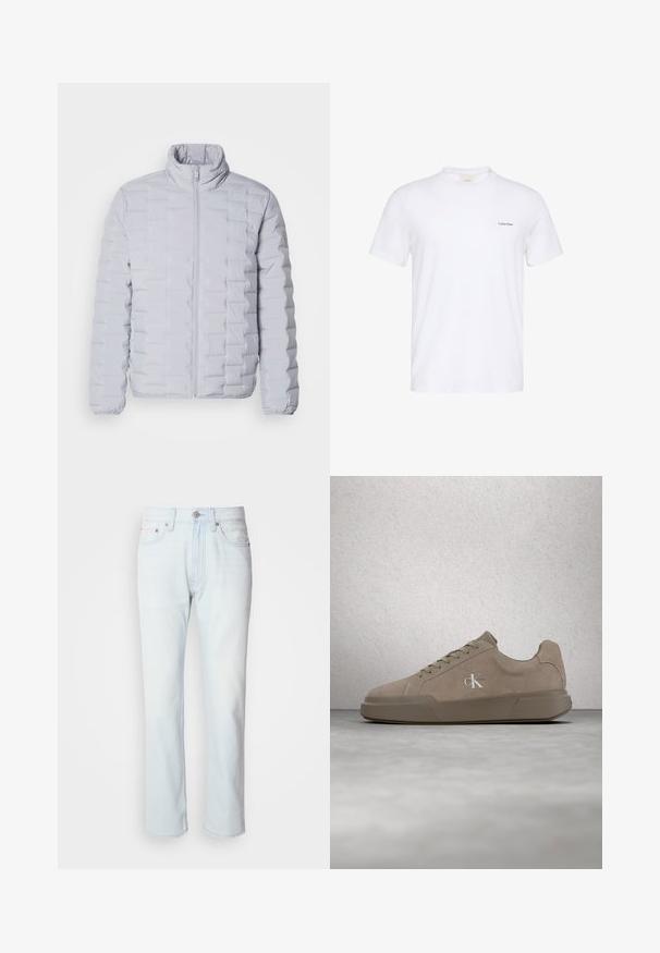 Lichtgrijze pufferjack met een hoge kraag, horizontaal gestikte patroon, voorkleurrits en elastische manchetten. Gemaakt van een gladde, glanzende stof.; Witte T-shirt met korte mouwen en ronde hals, met klein zwart Calvin Klein-logo op de linkerborst.; Lichtblauwe denim jeans met een rechte pijp. Voorzien van een knoopsluiting en riemlussen, met een vervaagde textuur en minimale stiksels.; Beige suède sneaker met veters en "ck"-logo, zwevend boven een gepolijste betonnen vloer met een achtergrond van glazen blokken.