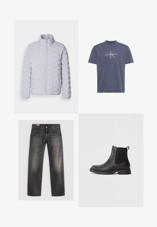 Chaqueta de plumas gris claro con un cuello alto, patrón de acolchado horizontal, cremallera frontal y puños elásticos. Fabricada con un material suave y brillante.; Camiseta azul de manga corta con cuello redondo con un gran logo de texto "cK" en gris claro y "Calvin Klein" en blanco centrado en el frente.; Jeans rectos negros de denim, con un acabado desgastado, cinco bolsillos y un cierre clásico de botón y cremallera.; Botín Chelsea de cuero negro con paneles laterales elásticos, punta redonda, suela de goma texturizada y tirador trasero para fácil colocación.