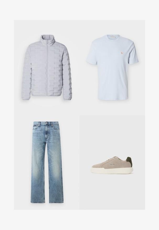 Chaqueta de plumas gris claro con un cuello alto, patrón de acolchado horizontal, cremallera frontal y puños elásticos. Fabricada con un material suave y brillante.; Camiseta de manga corta de color azul claro con tejido de gofre, cuello redondo y pequeño parche con el logo rojo "CK" en el pecho izquierdo.; Vaqueros de mezclilla azul claro de corte recto con cintura alta, cinco bolsillos, cierre de botón y sutil desgaste en los muslos y las rodillas.; Zapatillas de piel de ante beige con suela de goma blanca, que presentan un acento en el talón de color verde oscuro y un sutil logo en el lateral.