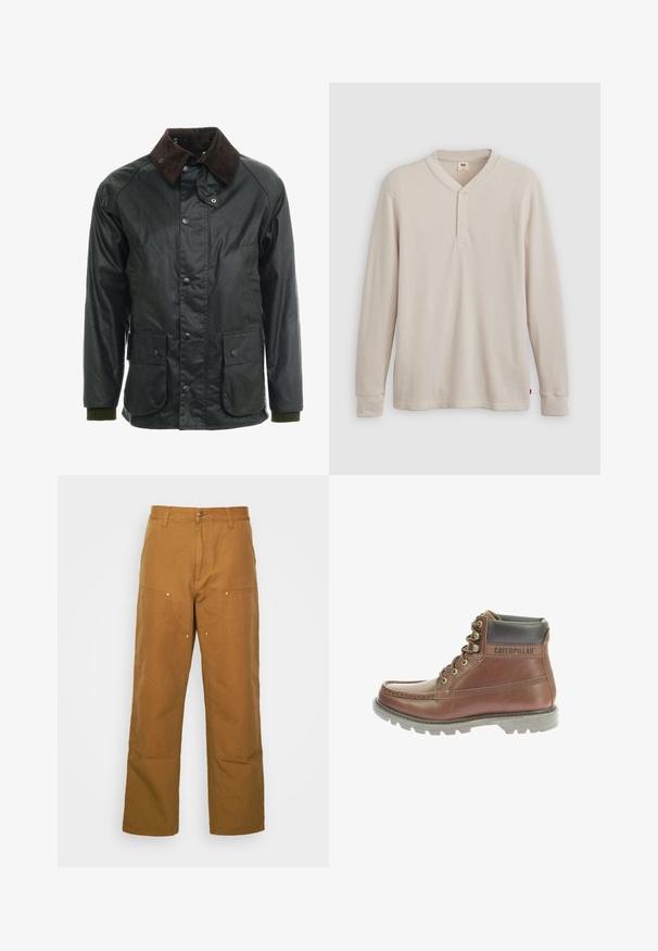 Donkergroene waterdichte jas met een bruine ribfluwelen kraag. Beschikt over drukknoopsluitingen, twee voorzakken en ribgebreide manchetten. Glad textuur.; Lange mouwen henley-shirt in lichtbeige ribbelstof, met een V-hals, een drieknoopsluiting en manchetten. Rode logo-label aan de onderkant.; Bruine katoenen utility broeken met een rechte pijpdesign, voorzien van voorzakken en metalen hardware accenten voor extra duurzaamheid.; Caterpillar Veterboots - marron