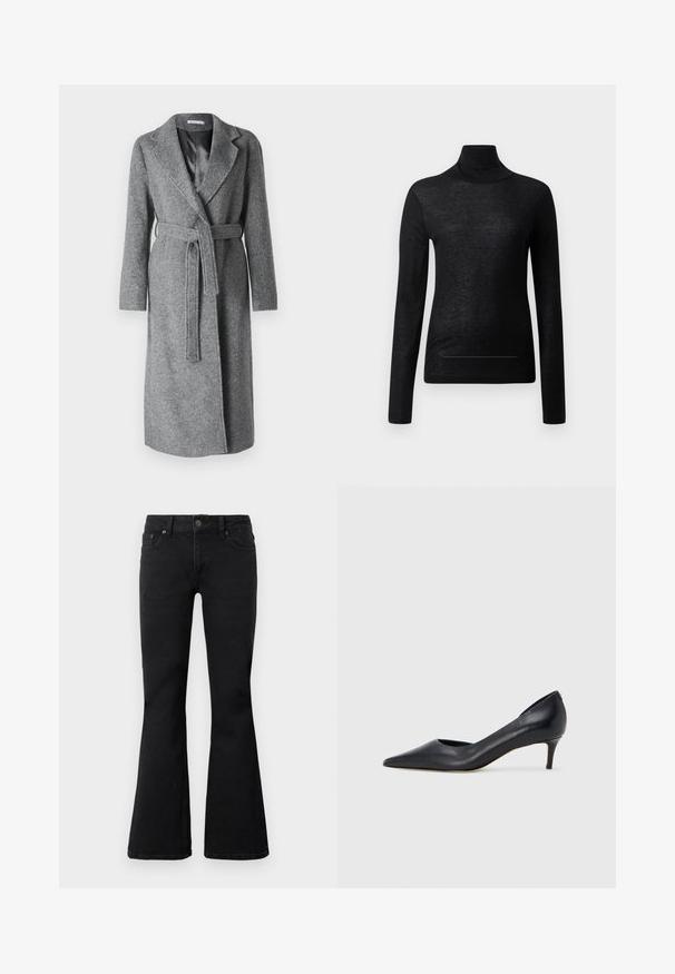 Grå uldomslagjakke med notched krave, lange ærmer og en stofbælte. Glat foring og mellemlang design for dækning.; Sort langærmet turtle neck top lavet af letvægtsstof, med en tætsiddende design og minimale sømdetaljer, velegnet til lagdeling.; Sorte højtaljede jeans med frontknap og lynlås lukning, to forlommer og udvidede ben, lagt flad på hvid baggrund.; Sort læderpumpe med spids tå og lav hæl. Har en glat tekstur og subtil glans. Åben udskæring foran for ekstra detalje.