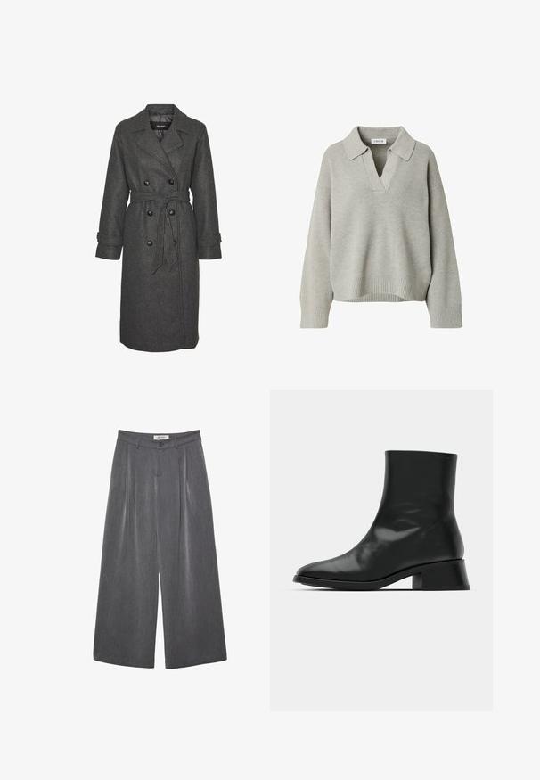 Grauer Wollmischung langer Mantel mit einem doppelt geknöpften Design, großen schwarzen Knöpfen und einem passenden Taillengürtel. Mit Reverskragen.; Hellgrauer Strickpullover mit V-Ausschnitt und weitem Kragen. Verfügt über gerippte Bündchen und Saum und zeigt ein strukturiertes Stoffmuster.; Graue Hose mit weitem Bein und Falten, gefertigt aus weichem Stoff. Verfügt über einen Knopfverschluss und einen taillierten Bund.; Schwarze Ankle Boots aus glänzendem Leder, mit einem eleganten Design, spitzer Zehenpartie und einem moderaten Blockabsatz für Stabilität.