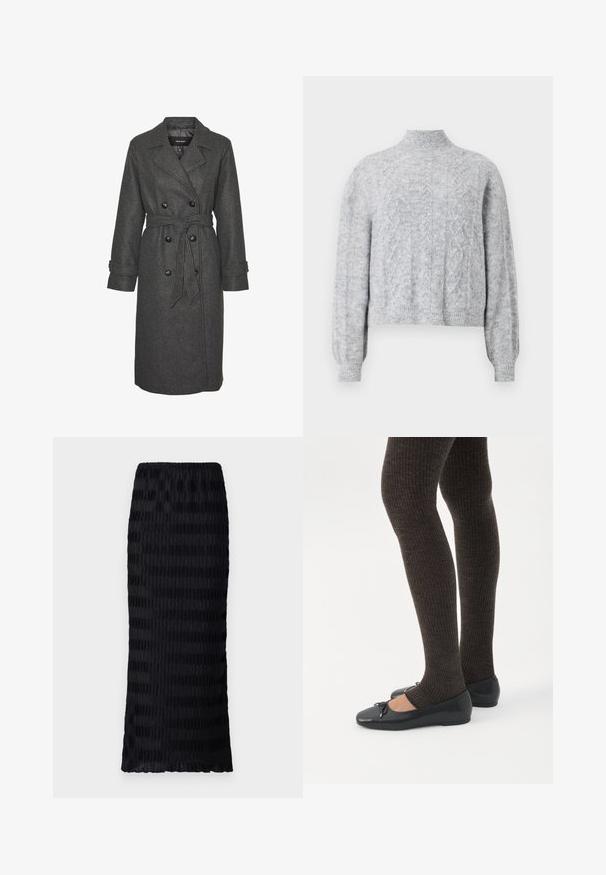 Manteau long en mélange de laine gris avec un design à double boutonnage, de grands boutons noirs et une ceinture assortie à la taille. Doté de revers crantés.; Pull en maille gris clair avec un col haut, un design cropped, un motif texturé et des poignets côtelés. Tissu doux avec une coupe ample.; Jupe noire longueur genoux avec un design plissé texturé. Taille élastique, tissu lisse avec des rayures alternées mates et brillantes.; Jambes portant des leggings côtelés foncés associés à des ballerines noires avec de petits détails en nœud sur fond blanc.