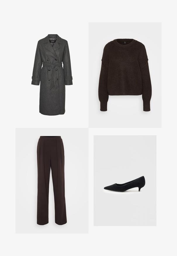 Grå uldblandingslang frakke med dobbeltradet design, store sorte knapper og et matchende bælte i taljen. Med notch-lapper.; Mørkebrun strikket sweater med rund hals, ribbestrikkede manchetter og en løs pasform. Den strukturerede stof har subtile variationer i tykkelsen.; Bredde benbukser i mørkebrun stof, med en glat tekstur, for- folder og et tætsiddende taljebånd.; Sort filt-pumpsko med spids tå og lav kittenhæl. Skoen har en glat tekstur og et minimalistisk design uden pynt.