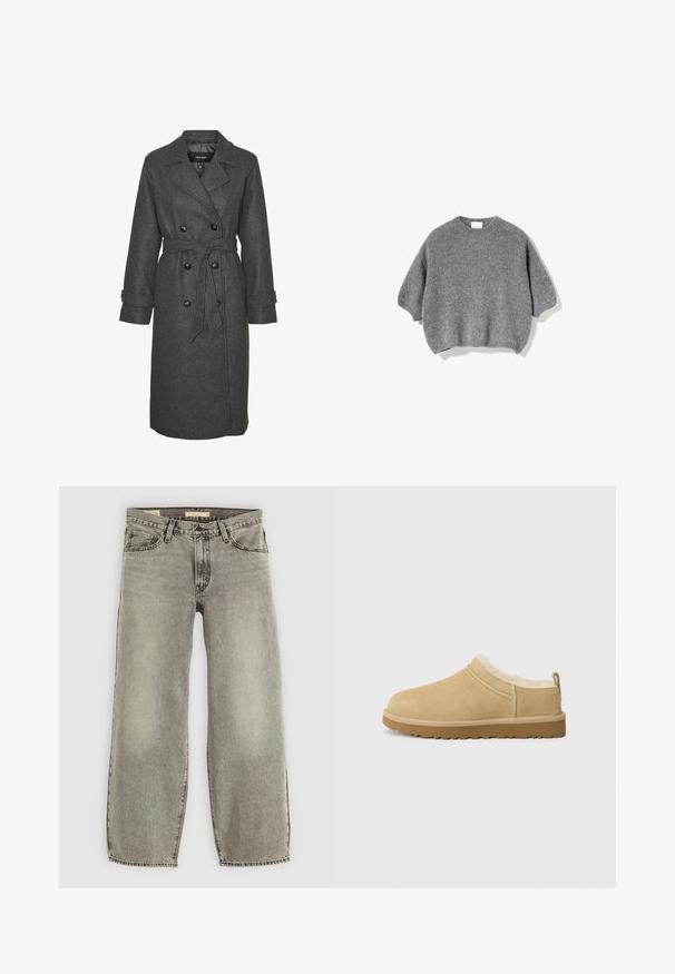Grå uldblandingslang frakke med dobbeltradet design, store sorte knapper og et matchende bælte i taljen. Med notch-lapper.; Grå oversize strikket sweater med rund halsudskæring og korte ærmer. Blød tekstur og ribbet kant. Ingen synlige mønstre eller detaljer.; Lys grå, bredbenede jeans lavet af denim. Har traditionel fem-lomme stil og let falmning gennem stoffet.; Suede slip-on sko i lys tan, med en blød pelsforing og tekstureret gummisål med en let hæl og bagestrop for nem påklædning.