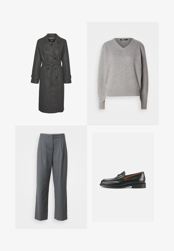 Grå uldblandingslang frakke med dobbeltradet design, store sorte knapper og et matchende bælte i taljen. Med notch-lapper.; Grå v-hals sweater lavet af blødt strikket materiale. Har lange ærmer samt ribbede manchetter og kant. Enkel, klassisk design uden mønstre.; Grå skræddersyede bukser med lige ben, der har en glat tekstur, frontfoldninger og sidelommer. Ingen synlig hardware eller detaljer.; Sorte læderloafer med synligt sømdesign, der har en dobbelt spænde-detalje og en let forhøjet hæl for ekstra højde.
