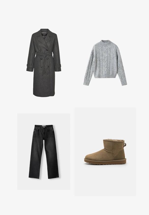 Grauer Wollmischung langer Mantel mit einem doppelt geknöpften Design, großen schwarzen Knöpfen und einem passenden Taillengürtel. Mit Reverskragen.; Grauer Strickpullover mit strukturiertem Zopfmuster, hohem Kragen sowie gerippten Bündchen und Saum. Hergestellt aus weicher Wolle für Wärme.; Bershka Jeans Straight Leg - mottled dark grey; Braune Wildleder-Ankle-Boots mit einem weichen, flauschigen Futter, runder Zehe und einer Schleifenakzent am Rücken. Flache Gummisohle mit strukturiertem Griff.