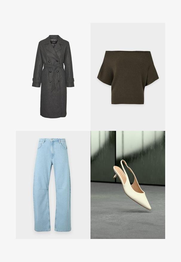 Grå uldblandingslang frakke med dobbeltradet design, store sorte knapper og et matchende bælte i taljen. Med notch-lapper.; Mørk olivengrøn off-shoulder strik top med korte ærmer og lige halsudskæring på en ensfarvet baggrund.; Lyseblå jeans med vide ben og lodrette hvide nålestriber, foran med knap og lynlås samt to forlommer.; Beige slingbacks til kvinder med spids tå og lav kitten-hæl, der svæver over en grå gulv med en sløret mørk baggrund.