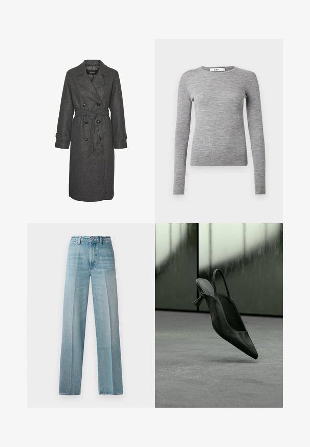Grå uldblandingslang frakke med dobbeltradet design, store sorte knapper og et matchende bælte i taljen. Med notch-lapper.; Grå langærmet ribstrikket sweater med rund halsudskæring og tætsiddende design. Fremstillet af et blødt, struktureret materiale med en slank silhuet.; Lyseblå denimjeans med højt liv, lige ben, subtil fading, kobbernitter og en klassisk knaplukning foran.; Sort læder slingback højhælet sko med spids tå svævende over gråt tæppe, sløret grønlig væg i baggrunden.
