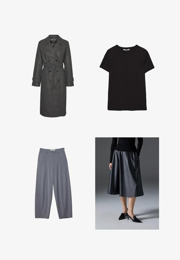 Grå uldblandingslang frakke med dobbeltradet design, store sorte knapper og et matchende bælte i taljen. Med notch-lapper.; Sort kortærmet t-shirt i bomuld med rund halsudskæring, standard pasform og synlig indvendig halsmærkat.; Stradivarius SMART BAGGY WITH SEAM DETAIL - Bukser - grey; Sort læder midi skirt med en glat tekstur; har en talje og sidelommer. Sammen med blanke sorte højhælede sko.