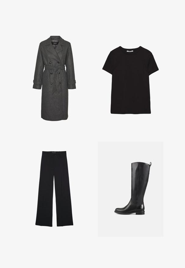 Grå uldblandingslang frakke med dobbeltradet design, store sorte knapper og et matchende bælte i taljen. Med notch-lapper.; Sort kortærmet t-shirt i bomuld med rund halsudskæring, standard pasform og synlig indvendig halsmærkat.; Sorte bukser med vide ben, bæltestropper, knaplukning foran og lynlås, lagt fladt på en hvid baggrund.; Knæhøje sorte læderstøvler med en glat finish, rund tå, lav hæl og en flap bagpå. Minimalistisk design uden synlige mønstre.