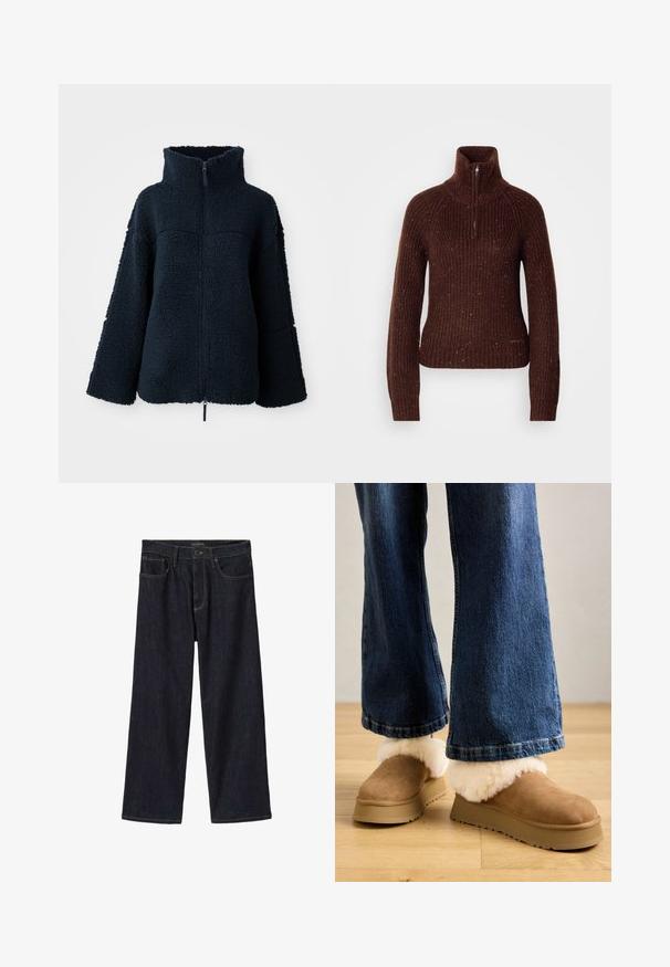 Marineblå tekstureret fleecejakke med høj krave og fuld frontlynlås, lange ærmer og løs pasform.; Brun strikket sweater med højt krave og en halv lynlås. Struktureret mønster med stænk af rød og hvid i hele. Tætpasformet silhuet.; Mørke indigofarvede jeans med vide ben, med frontknap og lynlås, bæltestropper og forlommer, vist på hvid baggrund.; Brune ruskindssandaler med en tykk lys pelsopfoldning, monteret på en beige platformssål, parret med bredbenede denimjeans.