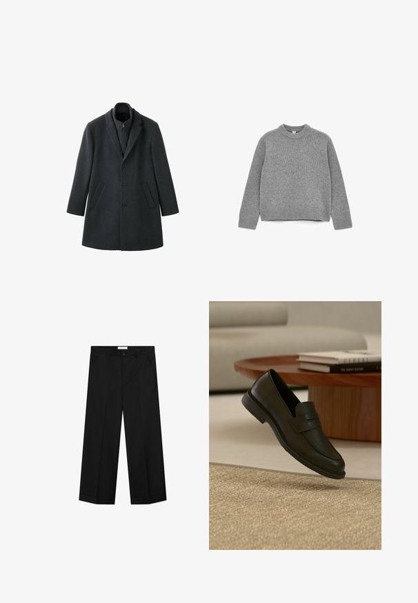Manteau en laine gris foncé à la coupe structurée, avec des revers en cranté, trois boutons, des poches latérales et un col intérieur zippé.; Pull en tricot gris avec un col rond, des manches longues, des poignets et un ourlet côtelés, et une texture douce.; Pantalon noir à jambes larges en tissu lisse, doté de poches avant, d'une fermeture par bouton et d'un pli marqué sur chaque jambe.; Chaussure mocassin en cuir noir présentée en suspension au-dessus d'un tapis beige tissé, avec une table en bois et des livres empilés dans un salon doucement éclairé.