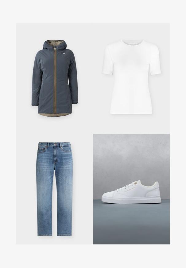 Marineblauwe geïsoleerde jas met een capuchon, voorrits en kleurrijke gestreepte accenten. Bevat zijzakken en een beige voering.; Wit T-shirt met korte mouwen en een ronde hals, een slanke pasvorm en geribbelde stof, weergegeven op een effen lichtgrijze achtergrond.; Lichtblauwe recht gesneden spijkerbroek met vijf zakken, knoopsluiting en subtiele vervaagde details aan de voorkant van de dijen.; Witte lage sneaker met veters, gouden oogje en merkopdruk, zwevend boven een houten tegelvloer met een achtergrond van buitenplanten.