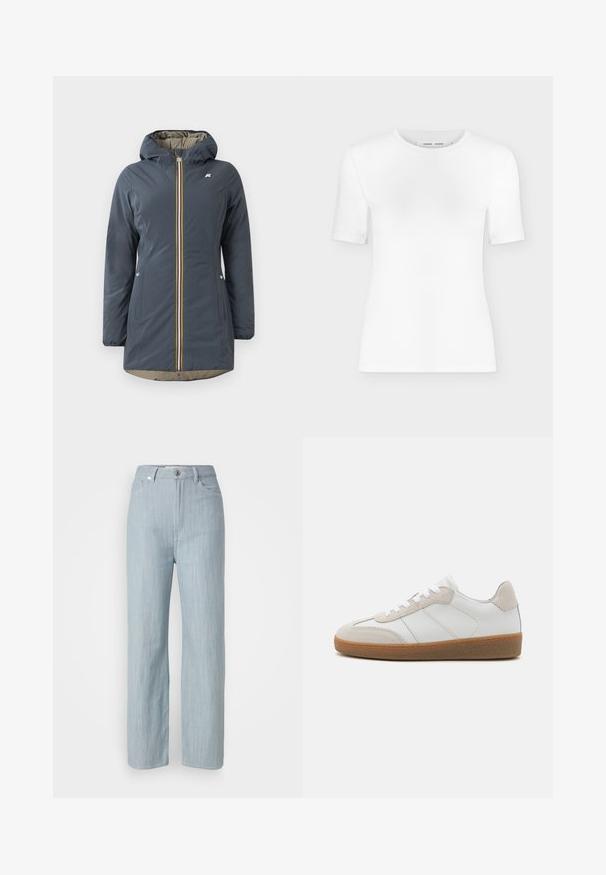 Marineblå isoleret jakke med hætte, frontlynlås og farverig stribet accent. Har sidelommer og en beige foring.; Hvid T-shirt med rund hals, korte ærmer, slank pasform og ribbet stofstruktur, vist på en ensfarvet lys grå baggrund.; Lysblå straight-leg jeans lavet af denim. Har fem lommer, en metal knaplukning og subtile slidser for tekstur.; Hvide lædersneakers med beige ruskindsdetaljer, struktureret tunge og gummisål. Har hvide snørebånd og diskrete stikninger.