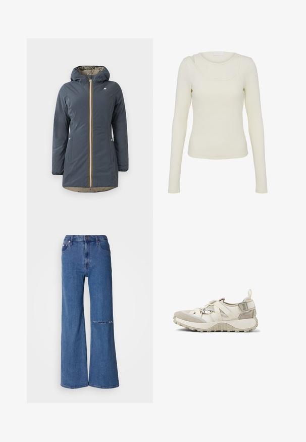 Marineblauwe geïsoleerde jas met een capuchon, voorrits en kleurrijke gestreepte accenten. Bevat zijzakken en een beige voering.; Crèmewit geribd gebreid top met lange mouwen, asymmetrisch dubbele scoopkraagdetail en een getailleerd silhouet.; Wijduitlopende jeans in mediumblauwe denim, met een hoge taille, voorzakken en een verouderde patchdetail op de linkerknee.; Lichtgewicht sportschoen in off-white en beige met een mix van mesh en suède. Voorzien van elastische banden, een gestructureerde zool en een versterkte hiel.
