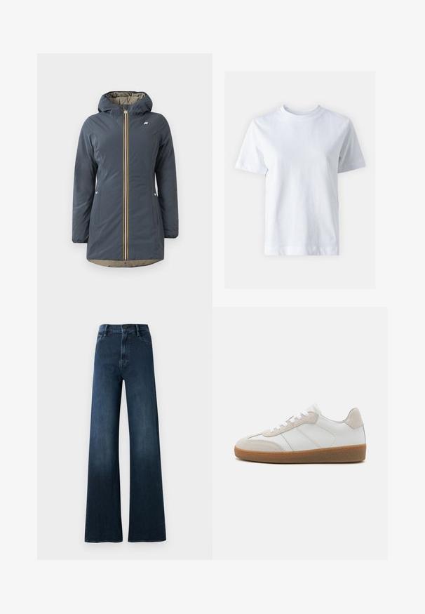 Chaqueta aislante de color azul marino con capucha, cremallera frontal y acento de rayas coloridas. Cuenta con bolsillos laterales y un forro beige.; T-shirt de algodón blanco con cuello redondo, mangas cortas, corte recto y textura suave. Sin patrones ni adornos.; Jeans de pierna ancha de color azul oscuro, hechos de denim. Presentan una cintura alta, bolsillos frontales, un cierre de botón y un detalle de costura mínima.; Deportivas de cuero blanco con acentos de ante beige, lengua texturizada y suela de goma. Presenta cordones blancos y detalles sutiles de costura.