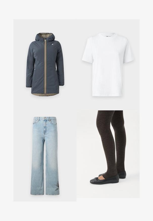 Marineblauwe geïsoleerde jas met een capuchon, voorrits en kleurrijke gestreepte accenten. Bevat zijzakken en een beige voering.; Witte katoenen T-shirt met ronde hals, korte mouwen en een gladde textuur. Ontworpen met een comfortabele en veelzijdige relaxte pasvorm.; Lichtblauwe wijde denim jeans met een vervaagde textuur en bloemenborduurwerk detail op het onderste deel van het linkerpant.; Benen met donkere geribbelde leggings gecombineerd met zwarte ballerina's met kleine strikdetails op een witte achtergrond.