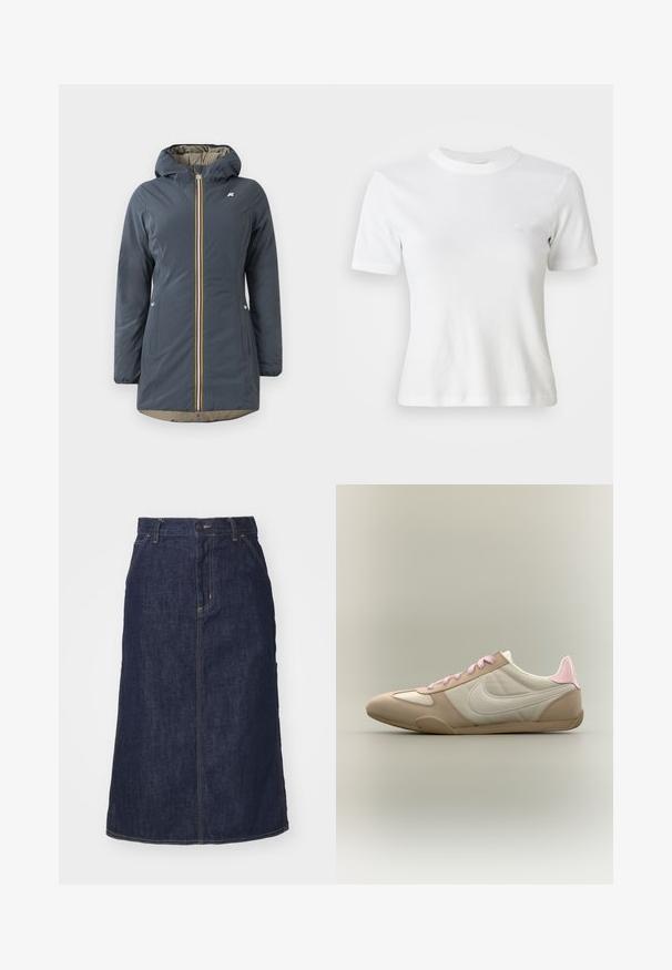 Marineblå isoleret jakke med hætte, frontlynlås og farverig stribet accent. Har sidelommer og en beige foring.; Hvid ribbet kortærmet T-shirt med rund halsudskæring og et lille logo på brystet. Lavet af blødt stof med en tætsiddende pasform.; Mørk denimnederdel med høj talje, lige skæring, forlommer og stikninger. Har lynlås og knaplukning i taljen.; Lavprofileret beige og hvid sneaker med lyserøde snørebånd og hælaccent, som viser Nike-swoosh på siden mod en ensfarvet baggrund.