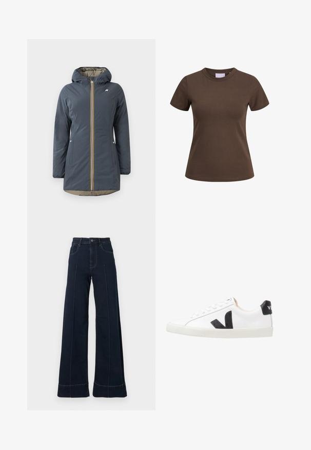 Marineblauwe geïsoleerde jas met een capuchon, voorrits en kleurrijke gestreepte accenten. Bevat zijzakken en een beige voering.; Bruine nauwsluitende T-shirt met korte mouwen en ronde hals, afgebeeld op een witte achtergrond.; Donkerblauwe, wijde jeans met een hoge taille, voorzien van voorzakken en zichtbare stiksels. Gemaakt van denimstof met een gladde textuur.; Witte sneaker met een zwart V-logo, voorzien van een gladleren bovenwerk, ronde neus, vetersluiting en een contrasterende zwarte hieltab.