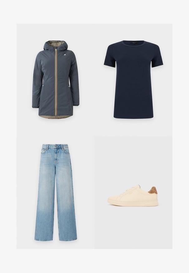 Marineblauwe geïsoleerde jas met een capuchon, voorrits en kleurrijke gestreepte accenten. Bevat zijzakken en een beige voering.; Marineblauw katoenen T-shirt met korte mouwen en een ronde hals, plat weergegeven tegen een witte achtergrond.; Lichtblauwe wijde jeans met een hoge taille, met vervaging bij de benen, riemlussen en een traditionele metalen knoop en ritssluiting.; Beige lage sneaker met beige veters, een hielstuk met een beigetinten patroon en het "Coach New York"-logo aan de zijkant.