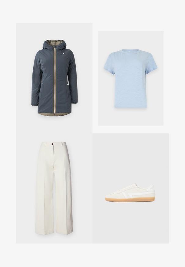 Marineblauwe geïsoleerde jas met een capuchon, voorrits en kleurrijke gestreepte accenten. Bevat zijzakken en een beige voering.; Lichtblauw T-shirt met korte mouwen en een ronde hals, met een eenvoudige effen kleur en een zachte stoftextuur.; Crèmekleurige, wijd uitlopende broek met hoge taille, riemlussen, een enkele knoop en ritssluiting, plat uitgestald tegen een effen achtergrond.; Witte sneakers met een bovenwerk van suede en leer, voorzien van een rubberen gumzool, gestikte accenten en een minimalistisch ontwerp.