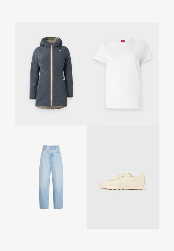 Marineblauwe geïsoleerde jas met een capuchon, voorrits en kleurrijke gestreepte accenten. Bevat zijzakken en een beige voering.; Witte T-shirt met korte mouwen, gemaakt van lichtgewicht katoen. Heeft een ronde hals en opgerolde mouwen. Rode merketiket op de kraag.; Lichtblauwe, hooggetailleerde, rechte jeans met voorzakken, riemlussen en knoopsluiting.; Low-profile sneaker in crèmekleur met golvende stiksels, vetersluiting en een geribbelde zool, zijaanzicht tegen een effen achtergrond.