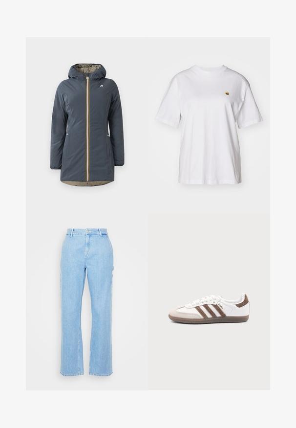 Marineblauwe geïsoleerde jas met een capuchon, voorrits en kleurrijke gestreepte accenten. Bevat zijzakken en een beige voering.; Witte katoenen t-shirt met een relaxte pasvorm, korte mouwen en een klein geborduurd logo op de linkerborst.; Lichtblauwe denim broek met een rechtengesneden ontwerp, hoge taille en knoopsluiting aan de voorkant. Bevat twee zijzakken en minimale stiksels.; Witte Adidas Samba sneaker met bruine suède strepen, bruine rubberen zool en beige suède neuskap, getoond vanaf de buitenkant op een effen achtergrond.