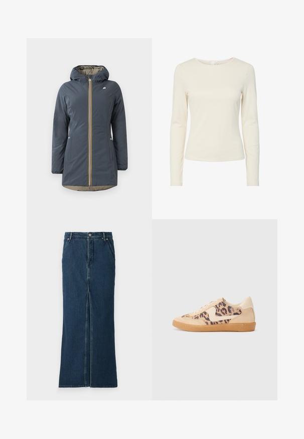 Marineblå isoleret jakke med hætte, frontlynlås og farverig stribet accent. Har sidelommer og en beige foring.; Cremefarvet, langærmet, tætsiddende kvindeskjorte med rund halsudskæring og glat tekstur, præsenteret på en hvid baggrund.; Good American FIT AND FLARE MAXI SKIRT - Denimnederdele - indigo; Leopardprint sneakers med beige ruskindsoverdel, tan gummisål og hvide detaljer. Rund pegefinger og snørebåndsdesign med en tekstureret finish.