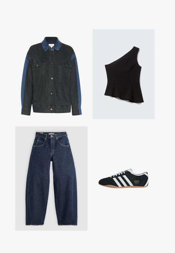 Veste en denim avec un corps noir et des accents bleus sur les épaules, deux poches avant et des boutons-pression argentés. Design texturé et décontracté.; Haut noir à une épaule avec un corsage ajusté qui s'évase à la taille, fabriqué en tissu lisse et extensible sans motifs visibles.; Jean en denim bleu foncé, à coupe ample, avec des coutures claires, cinq poches et un bouton de fermeture à la taille.; Sneakers en suede noir avec trois bandes blanches, logo doré et semelle en caoutchouc marron. Présente un design à lacets à profil bas.