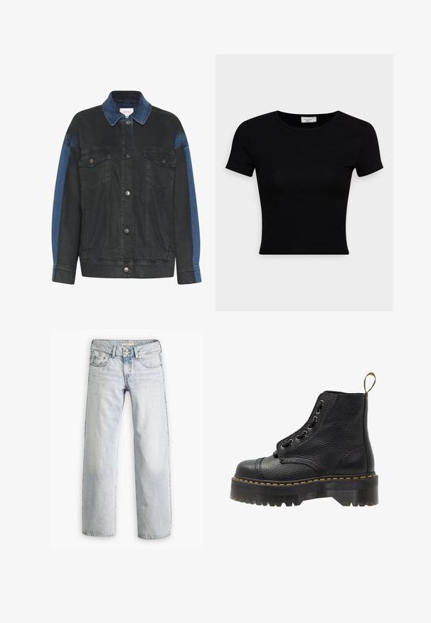 Veste en denim avec un corps noir et des accents bleus sur les épaules, deux poches avant et des boutons-pression argentés. Design texturé et décontracté.; T-shirt noir à manches courtes en coton lisse, avec un col rond et une coupe ajustée. Minimaliste, sans motifs visibles.; Jean en denim bleu clair avec une coupe décontractée, taille haute et design à cinq poches. Éléments de surpiqûre et fermeture à bouton.; Bottines en cuir noir avec surface texturée, bout arrondi, lacets, coutures jaunes et une épaisse semelle noire crantée.