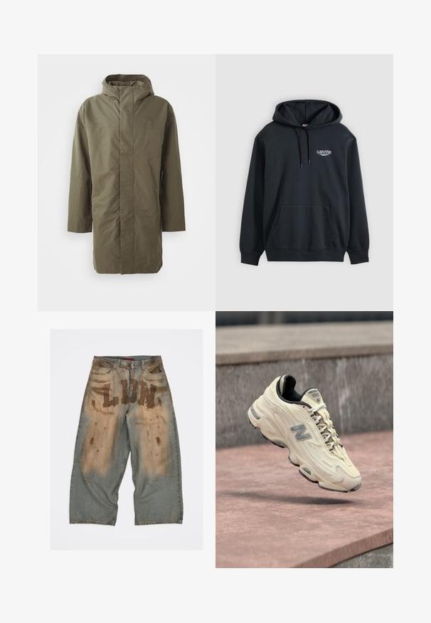 Olivengrøn vandtæt jakke med hætte, lange ærmer, lige snit og skjult frontlukning. Glat tekstur og minimalistisk design.; Sort Levi's hættetrøje med kængurulomme foran og lille hvidt logo på øverste venstre bryst.; Lyseblå denim bukser med stort "LUN" bogstavtryk, med en slidt tekstur og brune pletter foran, løs pasform og frynsede kanter.; Kremfarvet New Balance 1000-sneaker med hvide snørebånd, gråt logo og sort inderside, vist i luften over en stenet overflade.