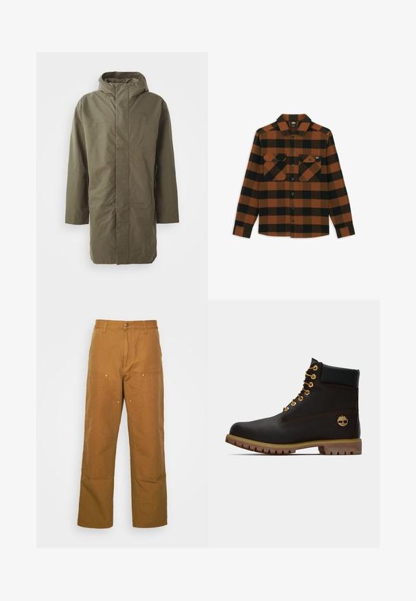 Chaqueta impermeable verde oliva con capucha, mangas largas, corte recto y cierre frontal oculto. Textura suave y diseño minimalista.; Camisa de manga larga en un patrón de cuadros naranja y negro, hecha de una tela texturizada. Presenta dos bolsillos en el pecho y cierre frontal con botones.; Pantalones utilitarios de algodón marrón con un diseño de pierna recta, que cuentan con bolsillos frontales y acentos de metal para mayor durabilidad.; Bota de cuero negro de tobillo con ojales dorados, acentos marrones y suela de goma. Presenta un cuello acolchado y un logotipo en relieve en el costado.