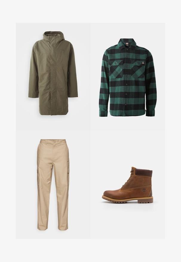Chaqueta impermeable verde oliva con capucha, mangas largas, corte recto y cierre frontal oculto. Textura suave y diseño minimalista.; Camisa de franela a cuadros verdes y negros, con mangas largas, cierre de botones en la parte frontal, dos bolsillos en el pecho y cuello clásico. Textura suave, diseño versátil.; Pantalones cargo beige con un acabado texturizado, que presentan bolsillos laterales, cierre de botón y un diseño de pierna recta.; Botas de senderismo de cuero marrón con un acabado suave, tobillo acolchado, ojales de metal y suela de goma con un patrón de tracción robusto.