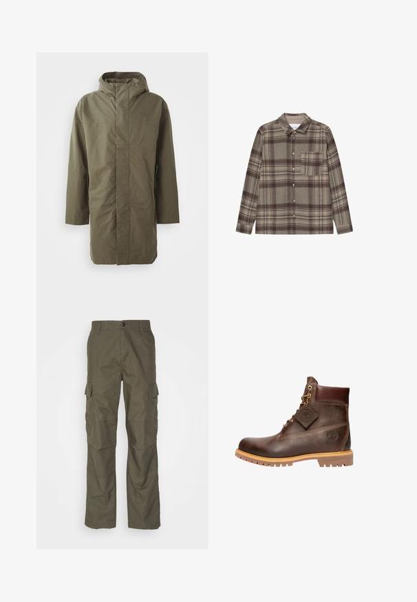 Olivengrøn vandtæt jakke med hætte, lange ærmer, lige snit og skjult frontlukning. Glat tekstur og minimalistisk design.; Brun ternet flannel skjorte med klassisk krave, lange ærmer, knaplukning foran og en brystlomme. Blødt stof med subtile mønstre.; Olivenfarvede cargo bukser med lige snit, lavet af tekstureret stof. Har store sidelommer og knaplukning.; Brun læder ankelstøvle med rund tå, solid sål, hardware i guldtone og en tekstureret overdel. Inkluderer et logo-tagfæstet.