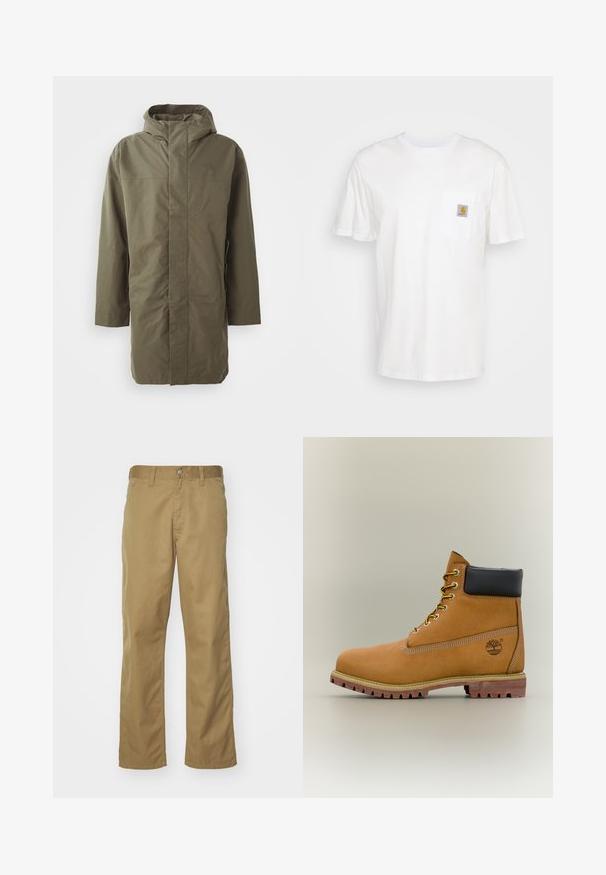 Chaqueta impermeable verde oliva con capucha, mangas largas, corte recto y cierre frontal oculto. Textura suave y diseño minimalista.; Camiseta de algodón blanca con mangas cortas, un bolsillo en el pecho y un pequeño parche cuadrado de logo en naranja y blanco en el bolsillo.; Chinos caqui con diseño de pierna recta, elaborados en una suave tela de algodón. Cuentan con un cierre frontal de botón y bolsillos laterales.; Bota de tobillo de cuero marrón con cuello negro, cordones amarillos y suela beige. Presenta un logotipo y detalles de costura blanca. Suela exterior con tracción robusta.