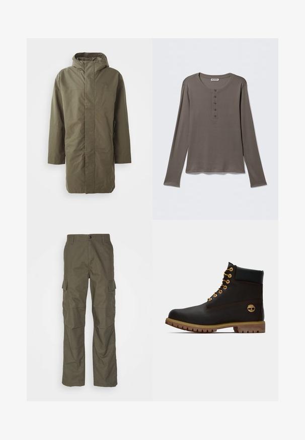 Olivengrøn vandtæt jakke med hætte, lange ærmer, lige snit og skjult frontlukning. Glat tekstur og minimalistisk design.; Grå henley-shirt med lange ærmer, fem knapper og rund halsudskæring, vist på en ensartet hvid baggrund.; Olivenfarvede cargo bukser med lige snit, lavet af tekstureret stof. Har store sidelommer og knaplukning.; Sorte læder ankelstøvle med gyldne øjer, brune detaljer og gummisål. Har en polstret krave og præget logo på siden.