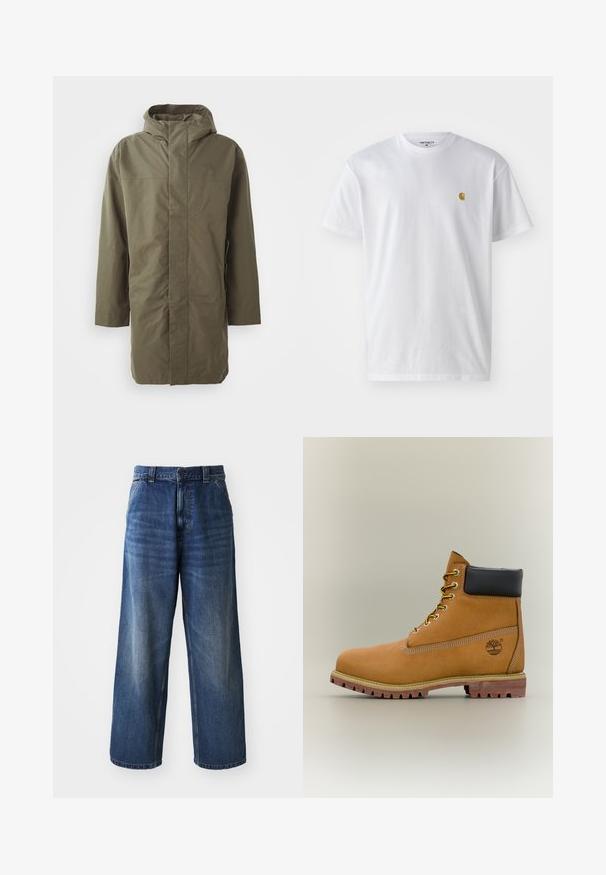 Chaqueta impermeable verde oliva con capucha, mangas largas, corte recto y cierre frontal oculto. Textura suave y diseño minimalista.; Camiseta de algodón blanca con mangas cortas, cuello redondo, que presenta un pequeño logo dorado en la parte izquierda del pecho. Textura suave y corte regular.; Jeans de mezclilla azul de cintura alta con un diseño de pierna ancha, que presentan un ligero desvanecimiento, bolsillos delanteros y un cierre de botón en la cintura.; Bota de tobillo de cuero marrón con cuello negro, cordones amarillos y suela beige. Presenta un logotipo y detalles de costura blanca. Suela exterior con tracción robusta.
