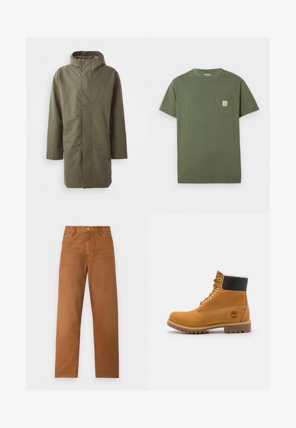 Olijfgroene waterdichte jas met capuchon, lange mouwen, een rechte snit en verborgen voorkleur. Glad textuur en minimalistisch ontwerp.; Olijfgroene katoenen t-shirt met een ronde hals, korte mouwen en een borstzak met een logo-patch. Schoon, minimalistisch ontwerp.; Bruine broek met rechte pijpen, riemlussen, voorzakken en een knoopsluiting, weergegeven op een effen lichte achtergrond.; Bruine leren enkellaars met metalen oogjes, witte faux bont voering, zwarte gewatteerde kraag, robuuste zool en een reliëflogo aan de zijkant.