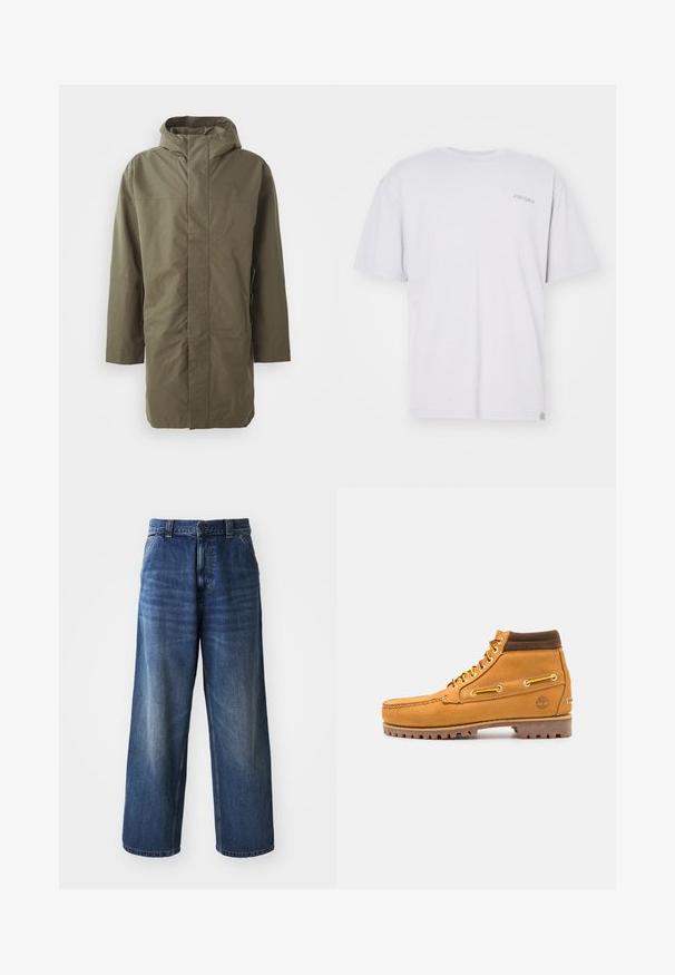 Chaqueta impermeable verde oliva con capucha, mangas largas, corte recto y cierre frontal oculto. Textura suave y diseño minimalista.; Camiseta de algodón blanca con un corte relajado, mangas cortas, cuello redondo acanalado y un pequeño logo bordado en el lado izquierdo del pecho.; Jeans de mezclilla azul de cintura alta con un diseño de pierna ancha, que presentan un ligero desvanecimiento, bolsillos delanteros y un cierre de botón en la cintura.; Timberland AUTHENTIC MID LACE BOOT - Botines con cordones - wheat