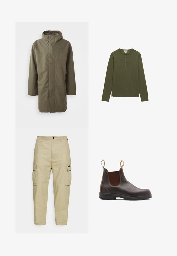 Chaqueta impermeable verde oliva con capucha, mangas largas, corte recto y cierre frontal oculto. Textura suave y diseño minimalista.; Camisa henley de manga larga en verde oliva con cuatro botones negros y cuello redondo, mostrada sobre un fondo blanco.; Pantalones cargo beige hechos de una tela duradera, con dos bolsillos laterales, cierre de botón y piernas ajustadas con una textura suave.; Botas Chelsea de cuero marrón con paneles laterales elásticos y tiradores. Parte superior texturizada, suela de goma duradera y detalle de costura en contraste.